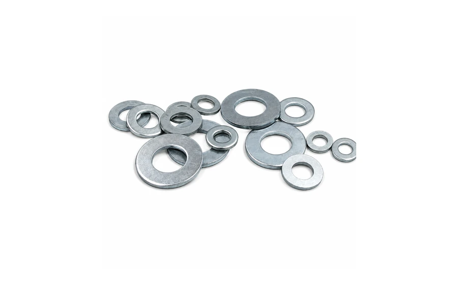 Flat washers and spring washers for fastening assemblies